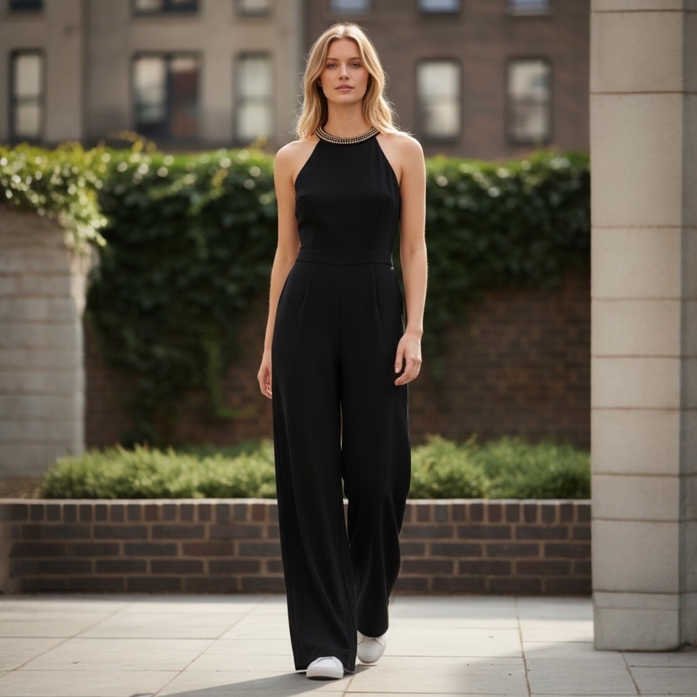 Sass & Bide Paper Planes Black Wide‎ Leg Jumpsuit Embellished Neck US 4 F1R14013